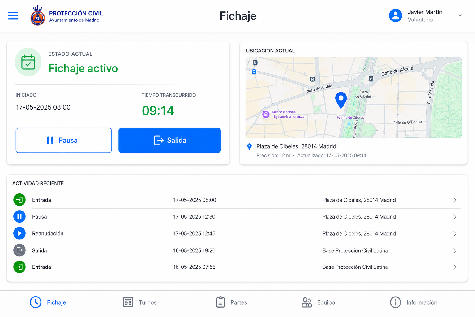 Fichaje activo, pausa, salida y mapa de posición.