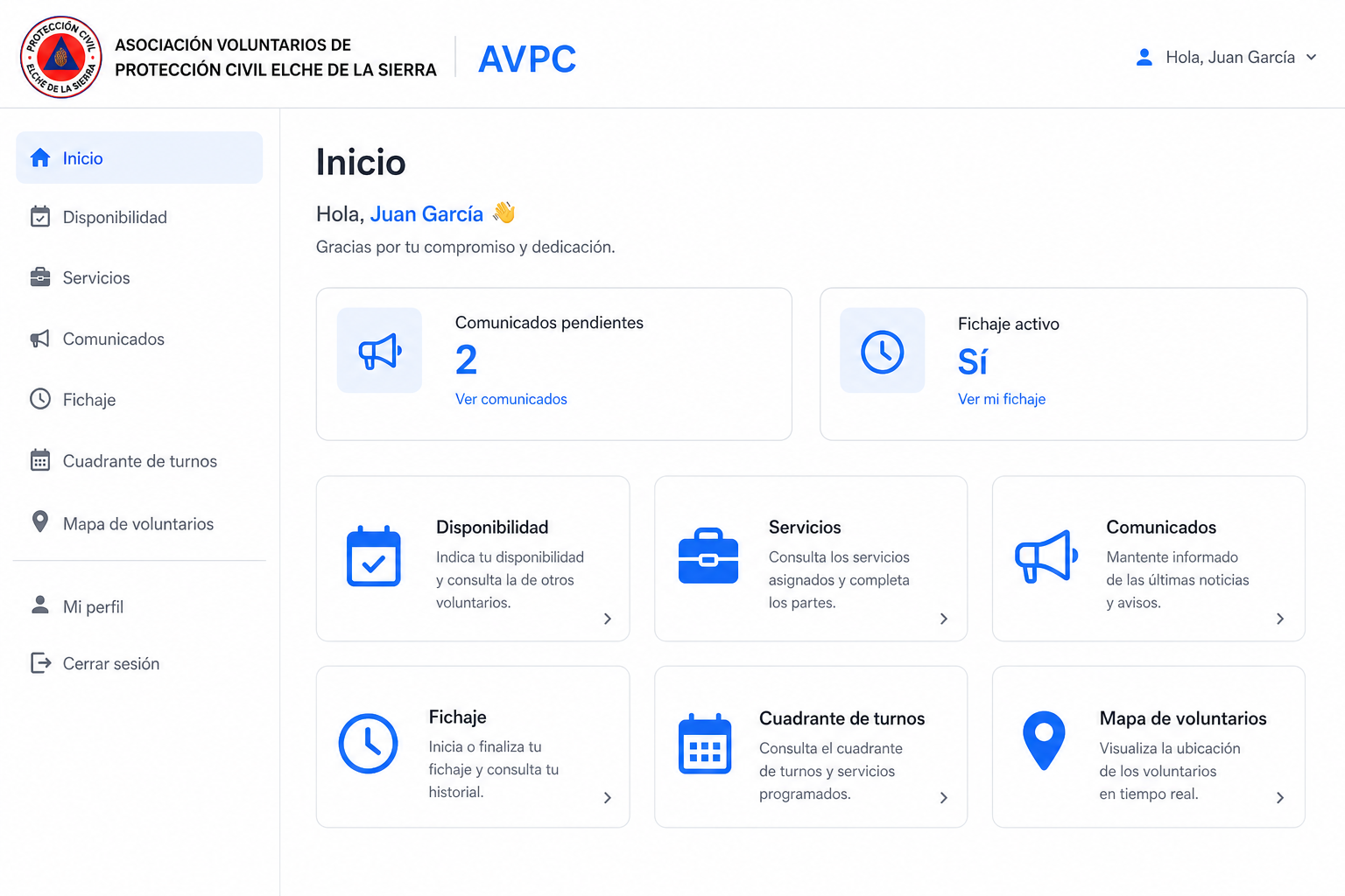 Pantalla de inicio con los módulos de la asociación.