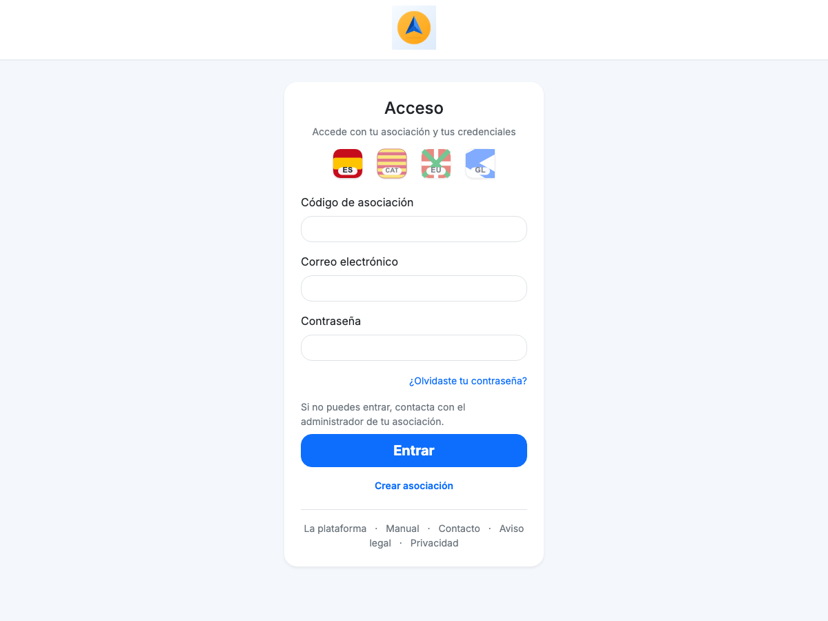 Pantalla de acceso con código de asociación, correo y contraseña