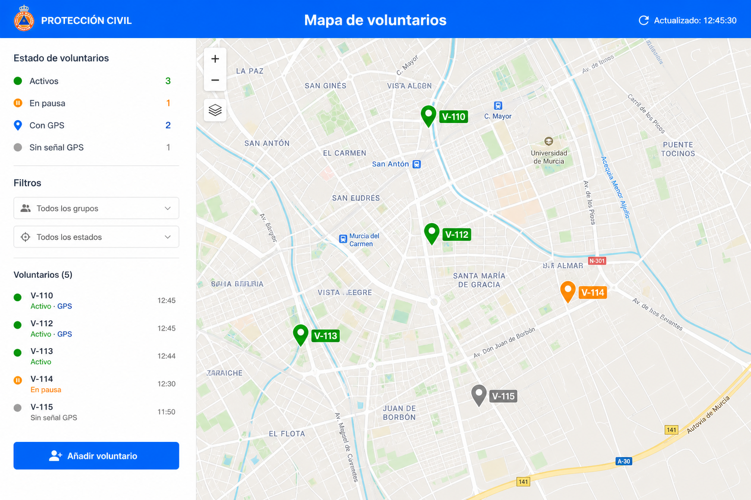 Mapa de voluntarios con fichaje activo.